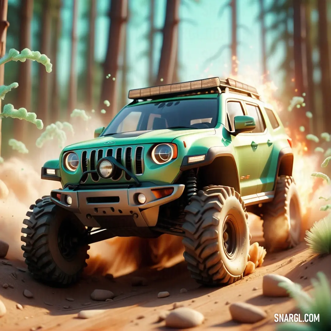 Medium sea green color. Green jeep driving through a forest filled with rocks and trees