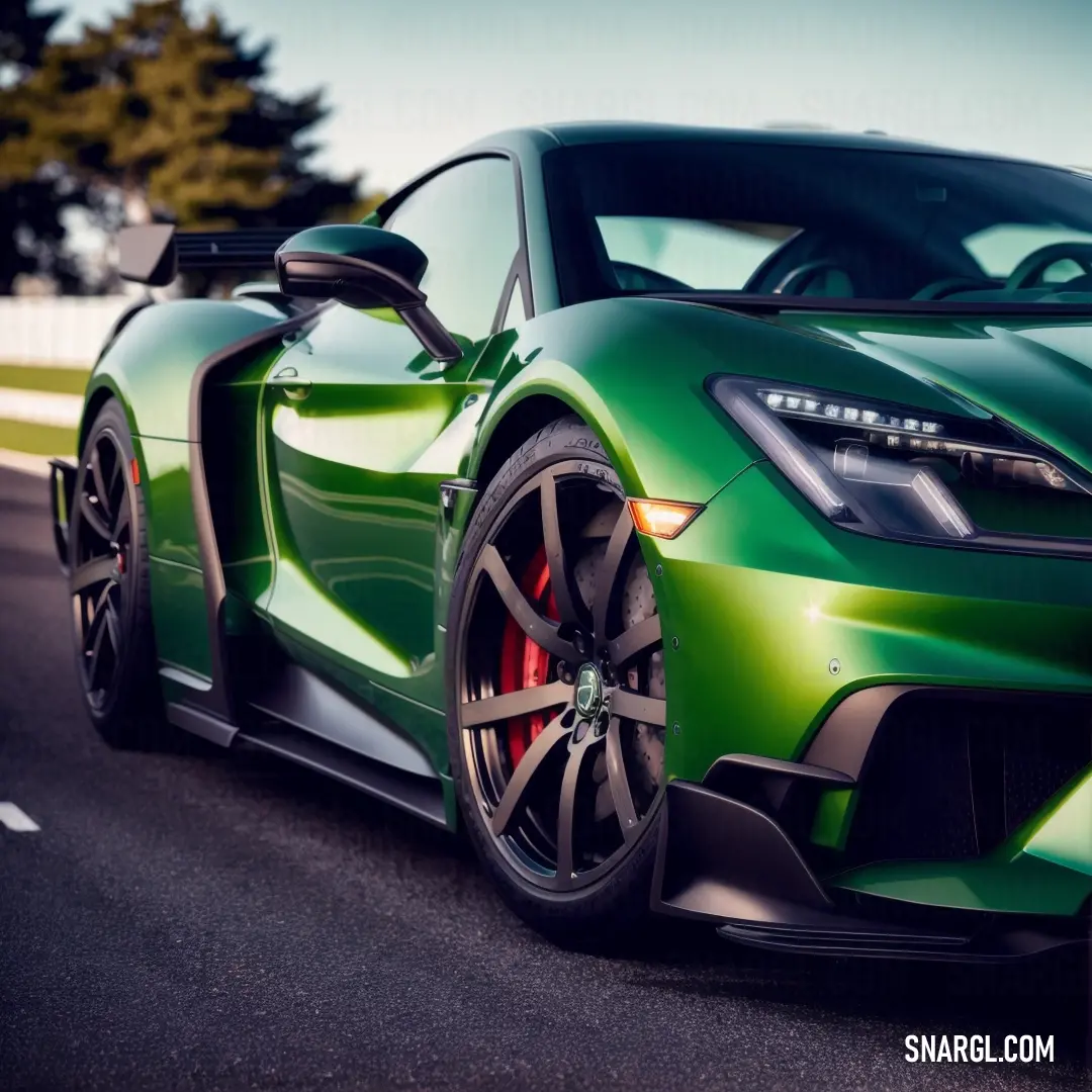 Medium sea green color. Green sports car driving down a road next to a fence and trees in the background