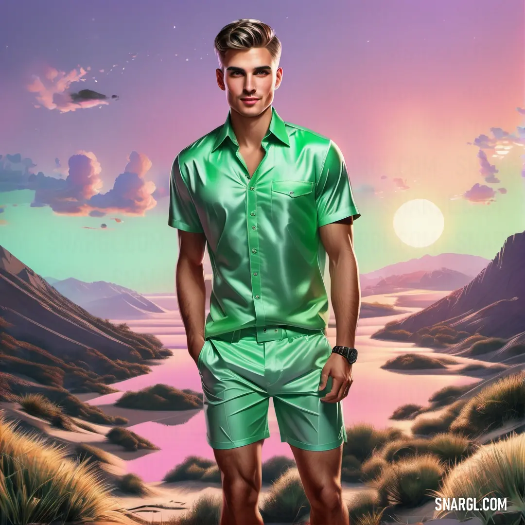 Man in a green shirt and shorts standing in front of a painting of a desert landscape with a sunset. Example of RGB 60,179,113 color.