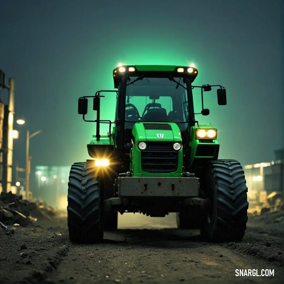 Medium sea green color. Tractor with lights on driving down a dirt road at night with a building in the background