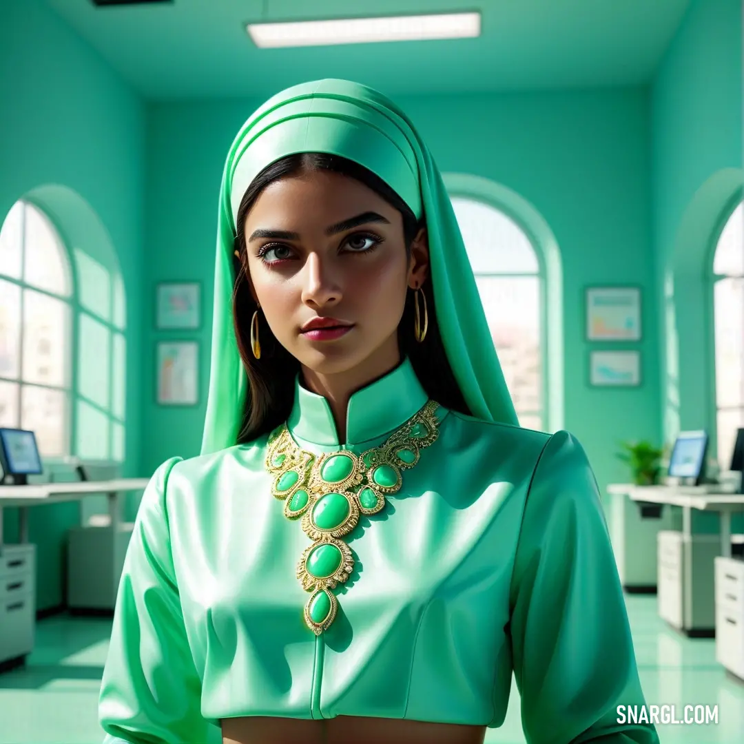 Woman in a green outfit with a green head scarf and a green necklace and earrings. Color CMYK 66,0,37,30.