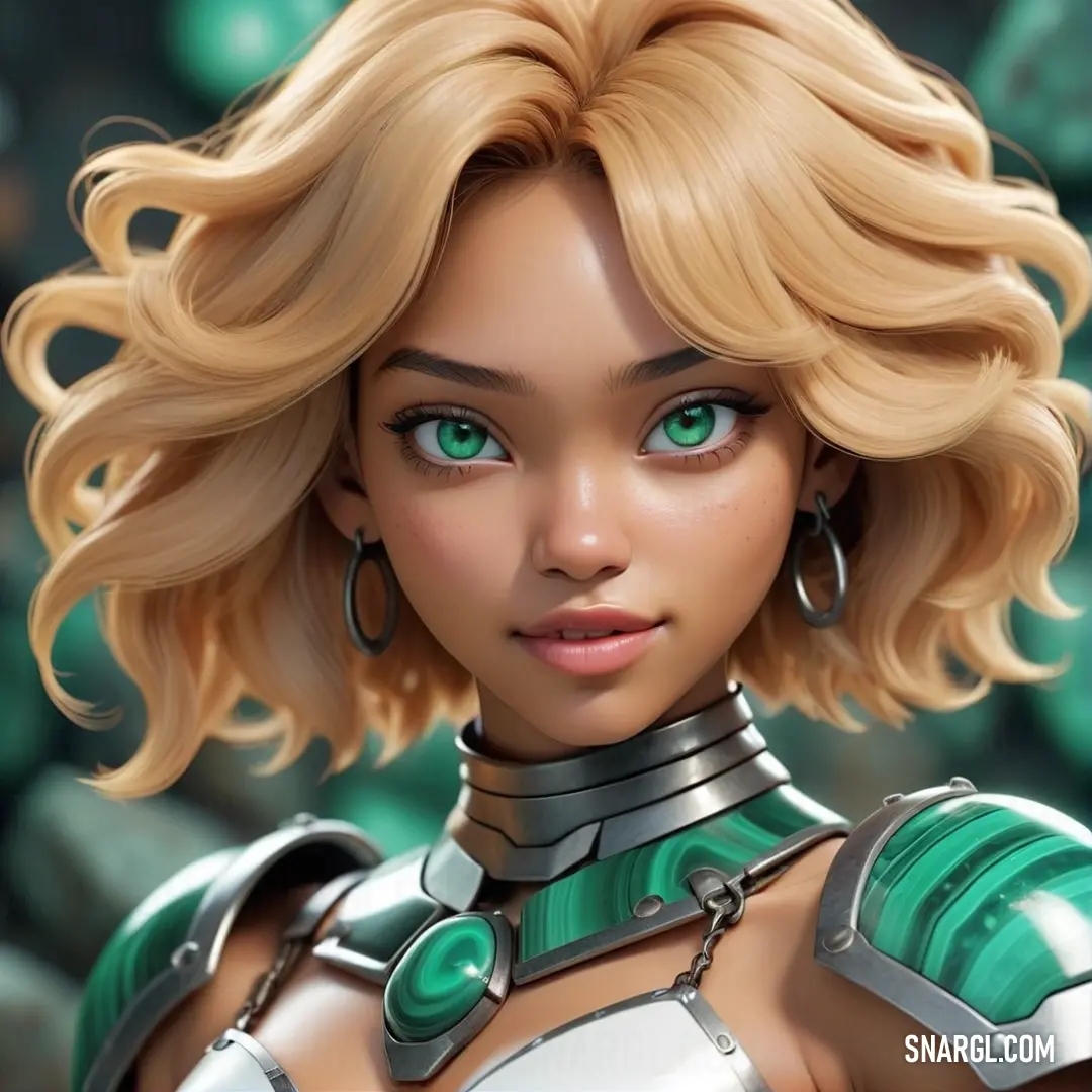 Medium sea green color example: Woman with blonde hair and green eyes wearing armor and earrings,