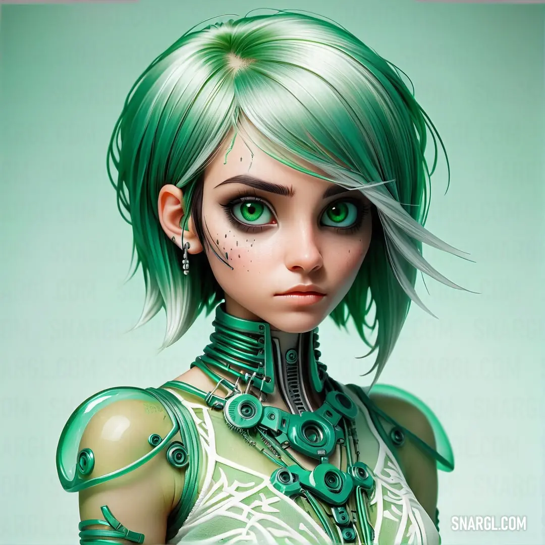 Woman with green hair and green eyes wearing a green outfit and a necklace with green beads. Color #3CB371.
