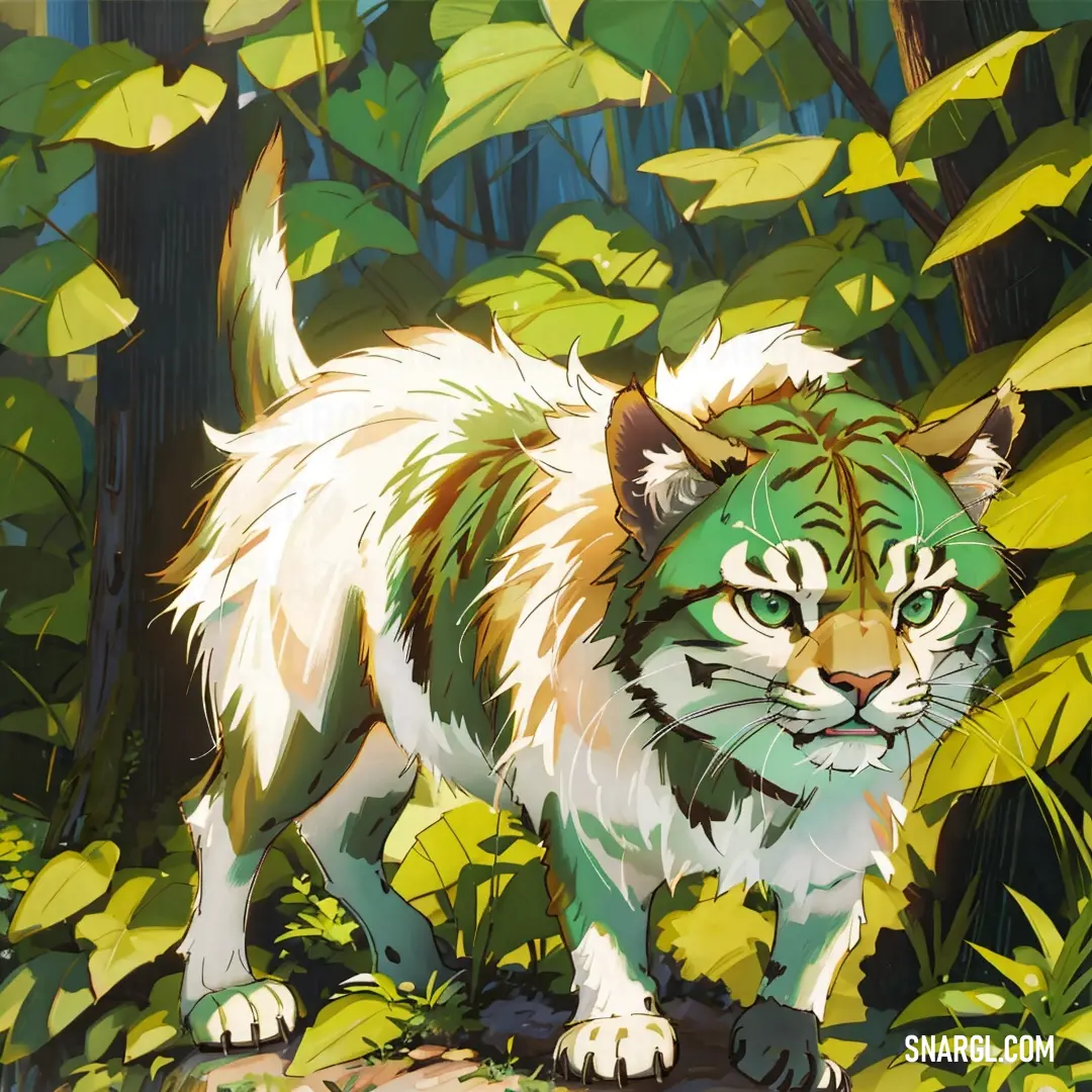 Painting of a tiger in the jungle with green eyes and white tail
