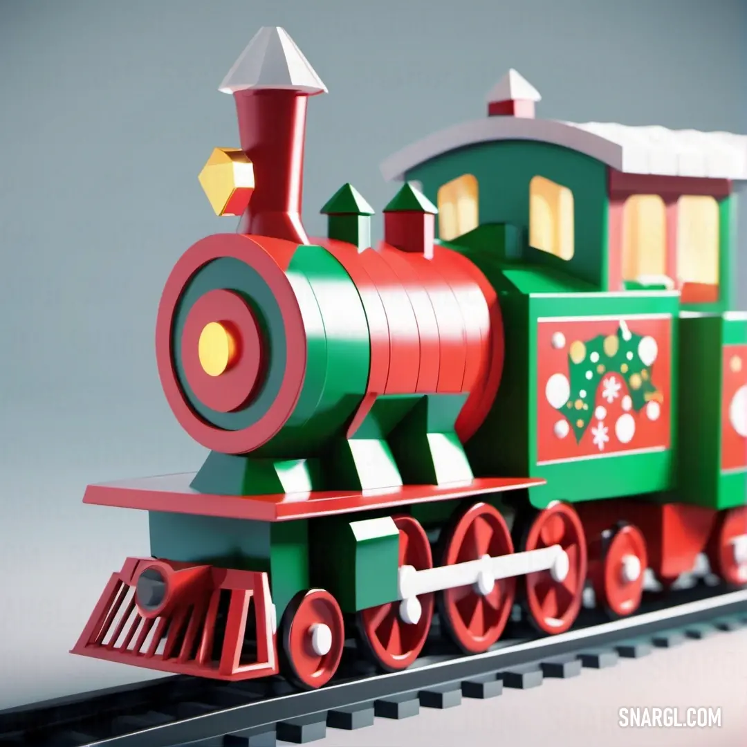 Toy train is shown on a track with a white background. Example of #3CB371 color.