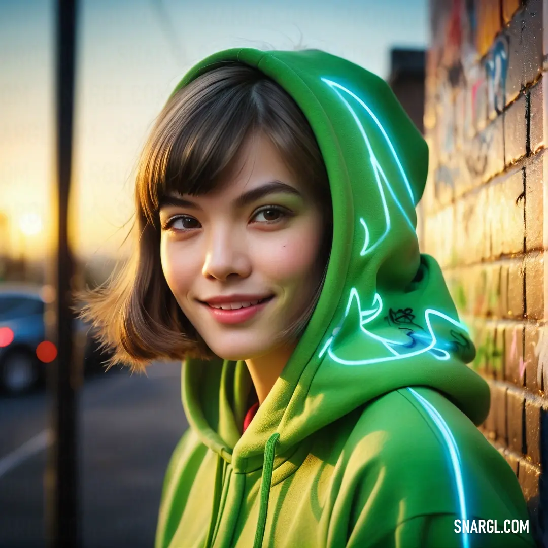 Woman in a green hoodie leaning against a brick wall with a neon glow on it's hood. Color RGB 60,179,113.