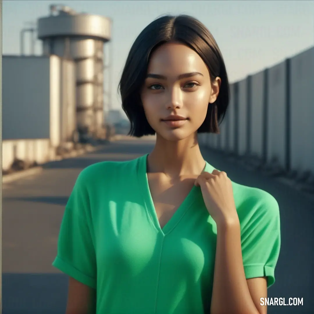 Woman in a green shirt standing in front of a fence and a building with a water tower in the background. Example of #3CB371 color.