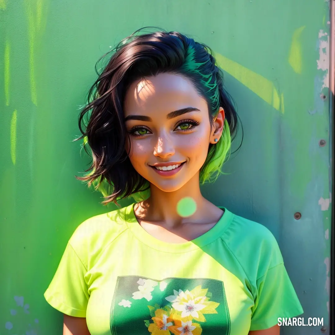 Woman with green hair and a flower on her shirt is smiling for the camera while leaning against a green wall