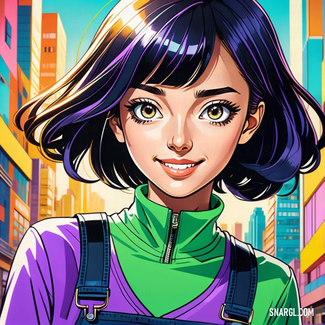Woman with purple hair and a green shirt in a city setting with buildings and skyscrapers in the background. Color RGB 60,179,113.