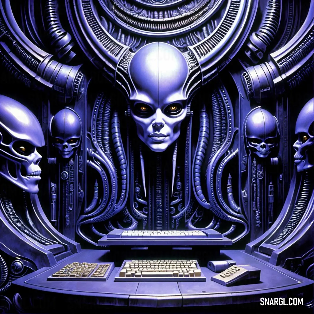 Computer with aliens on it and a keyboard in front of it with a clock on the wall behind it. Color RGB 123,104,238.