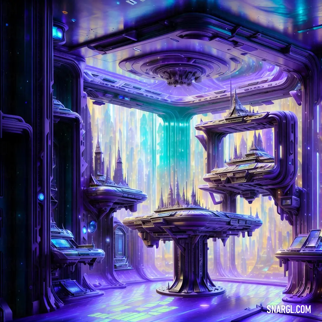 Futuristic city with a lot of lights and a lot of pillars and platforms in the center of the room. Color CMYK 48,56,0,7.