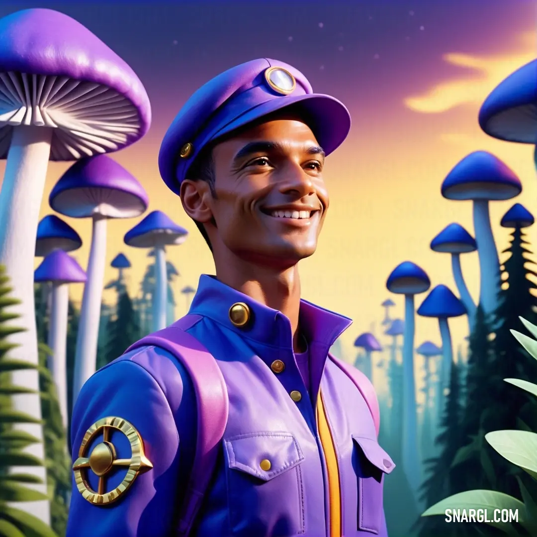 Man in a purple uniform standing in front of a forest of mushrooms and mushrooms with a smile on his face. Color CMYK 48,56,0,7.