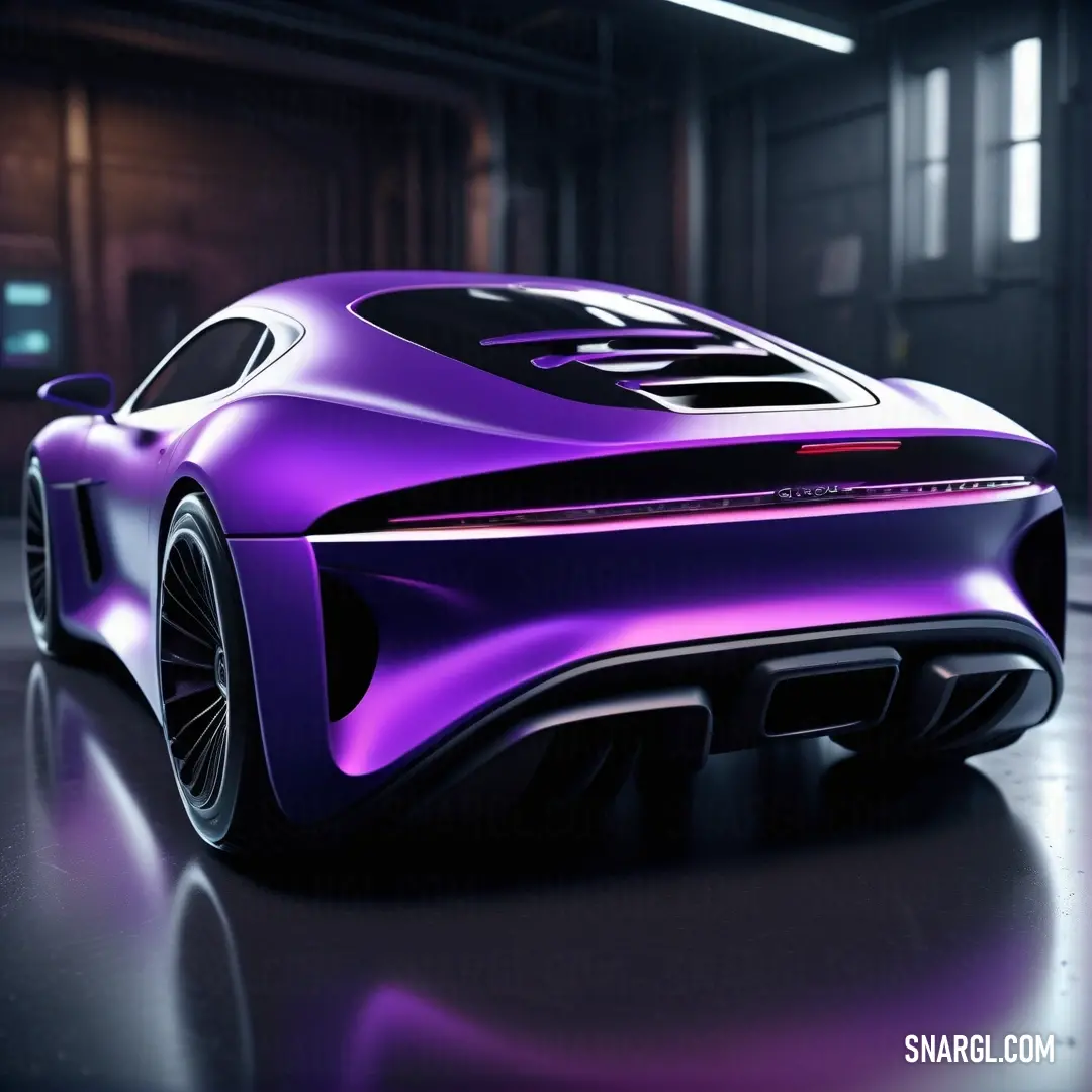 Purple sports car is parked in a garage with a dark background. Example of CMYK 48,56,0,7 color.