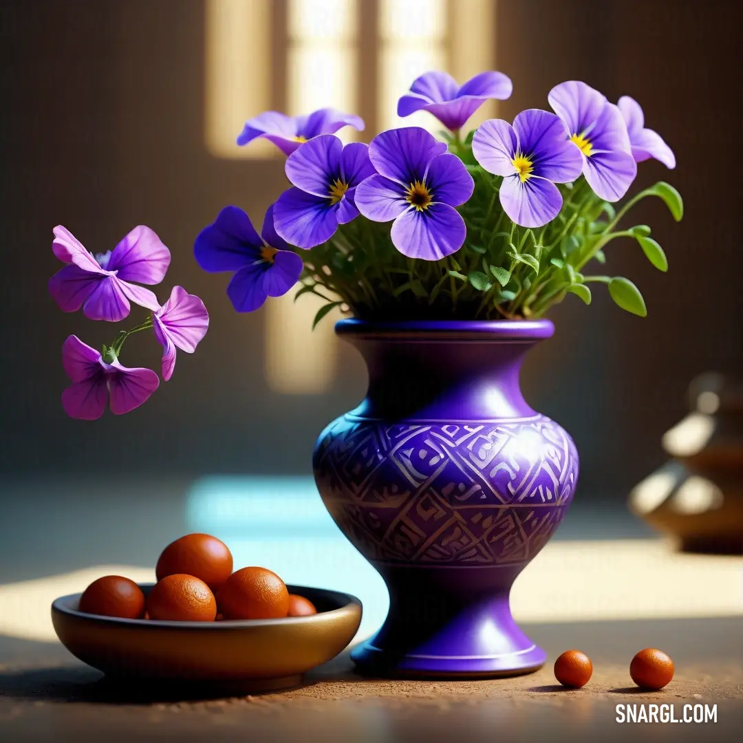 Purple vase with purple flowers and a bowl of oranges on a table with a window in the background. Example of CMYK 48,56,0,7 color.