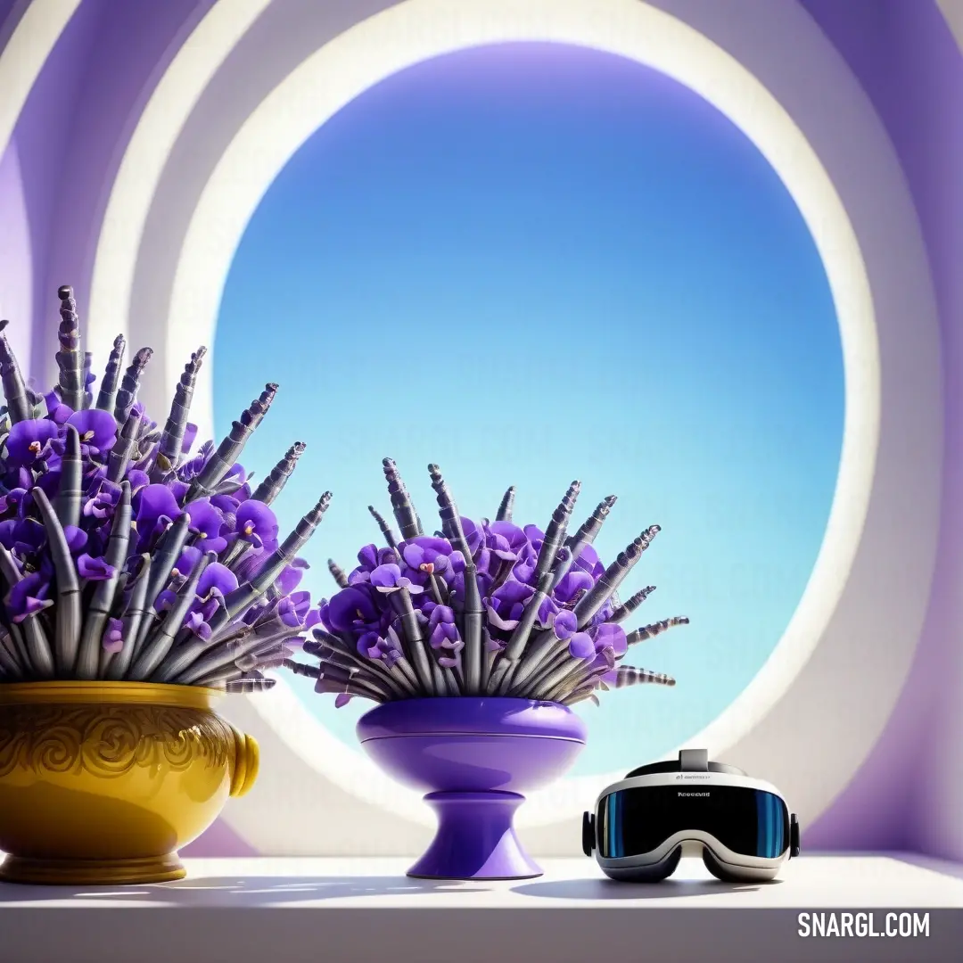 Vase with purple flowers and a pair of goggles on a table with a blue background. Example of CMYK 48,56,0,7 color.