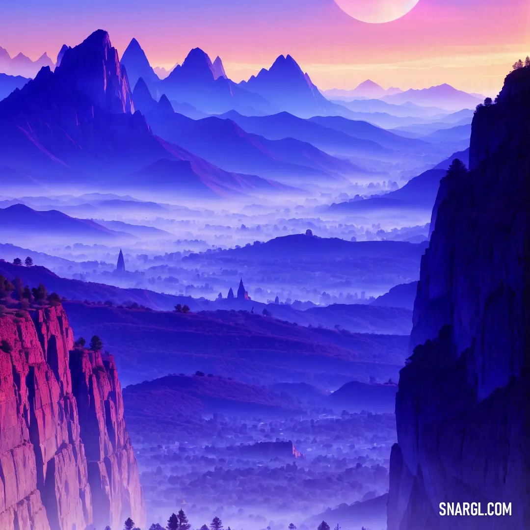 Painting of a mountain range with a sunset in the background and a full moon in the sky above
