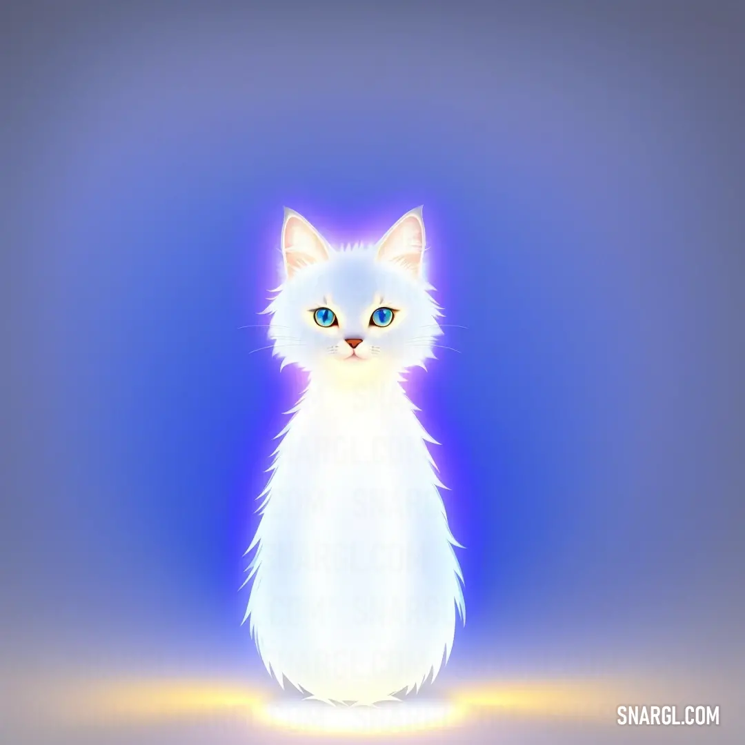 White cat with blue eyes down on a blue background with a light reflection on it's face