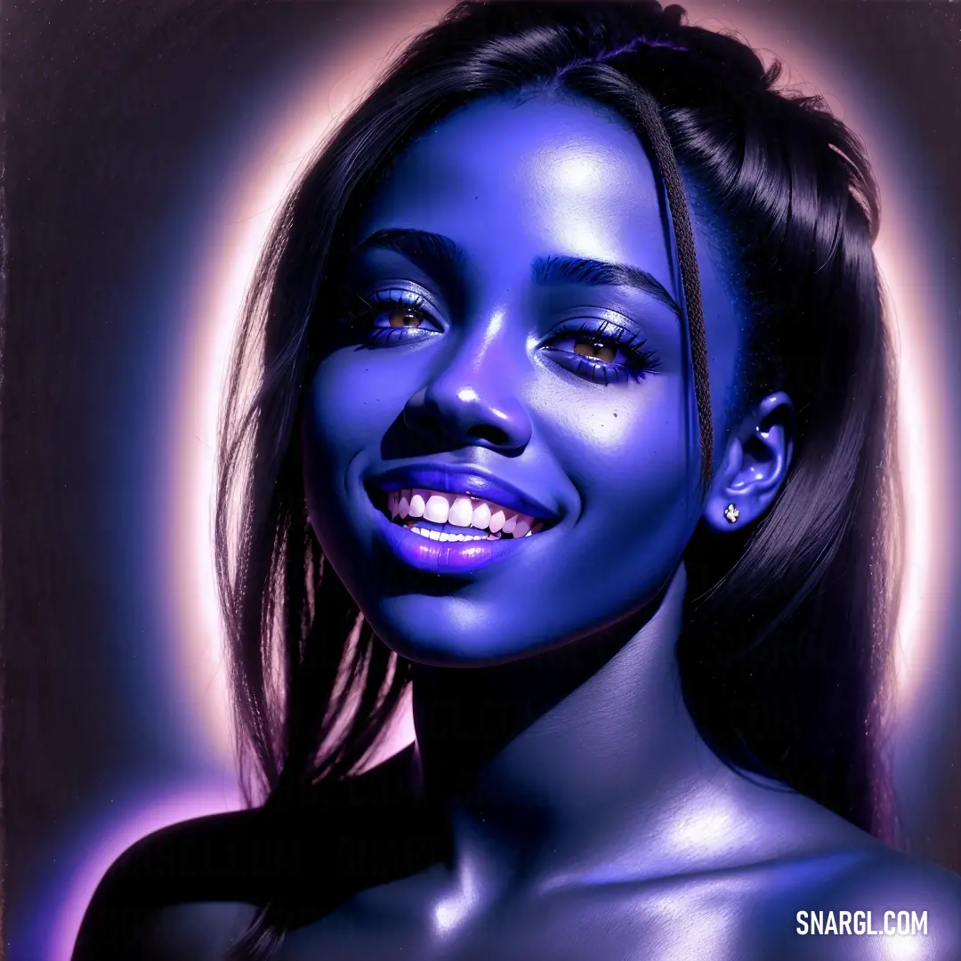 Woman with blue makeup and a purple background is smiling at the camera with a smile on her face