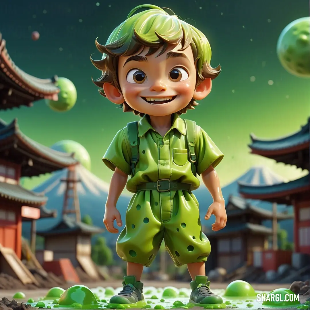Cartoon boy in a green outfit standing in front of a building with green balls in the air. Example of RGB 201,220,135 color.