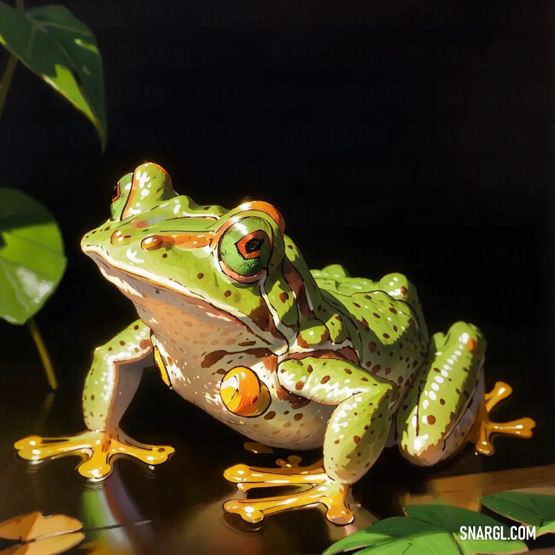 Frog on top of a wooden table next to a plant and leaves on a black surface with a green leaf
