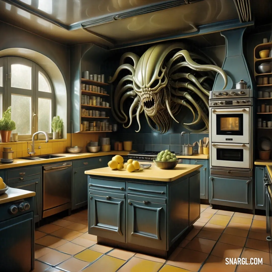 Kitchen with a large octopus head hanging from the ceiling of it's kitchen area. Color RGB 201,220,135.