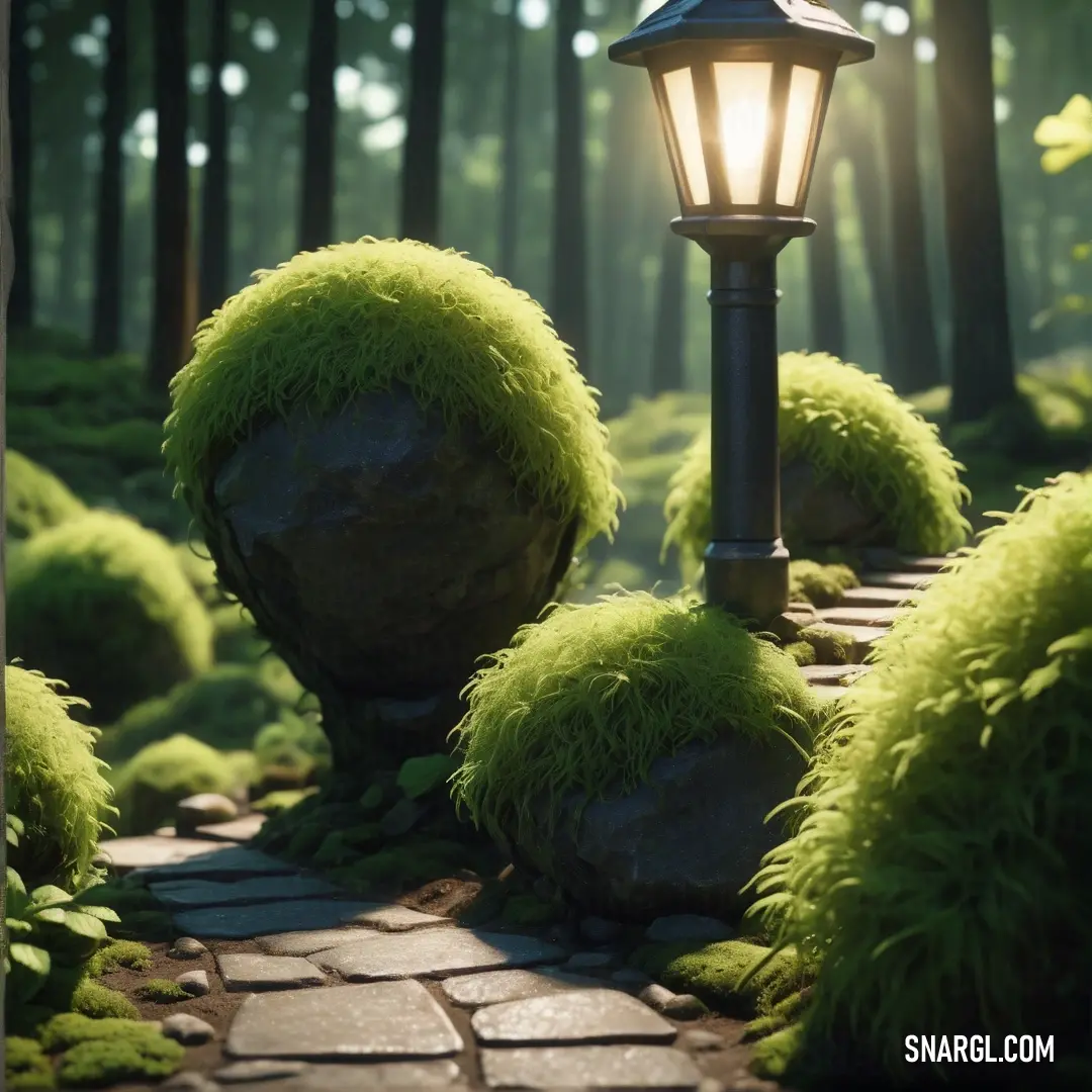 Medium spring bud color example: Lamp post in the middle of a path in a forest with moss growing on it's sides