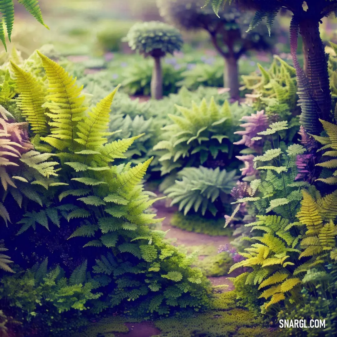 Lush green forest filled with lots of trees and plants next to a forest floor covered in ferns