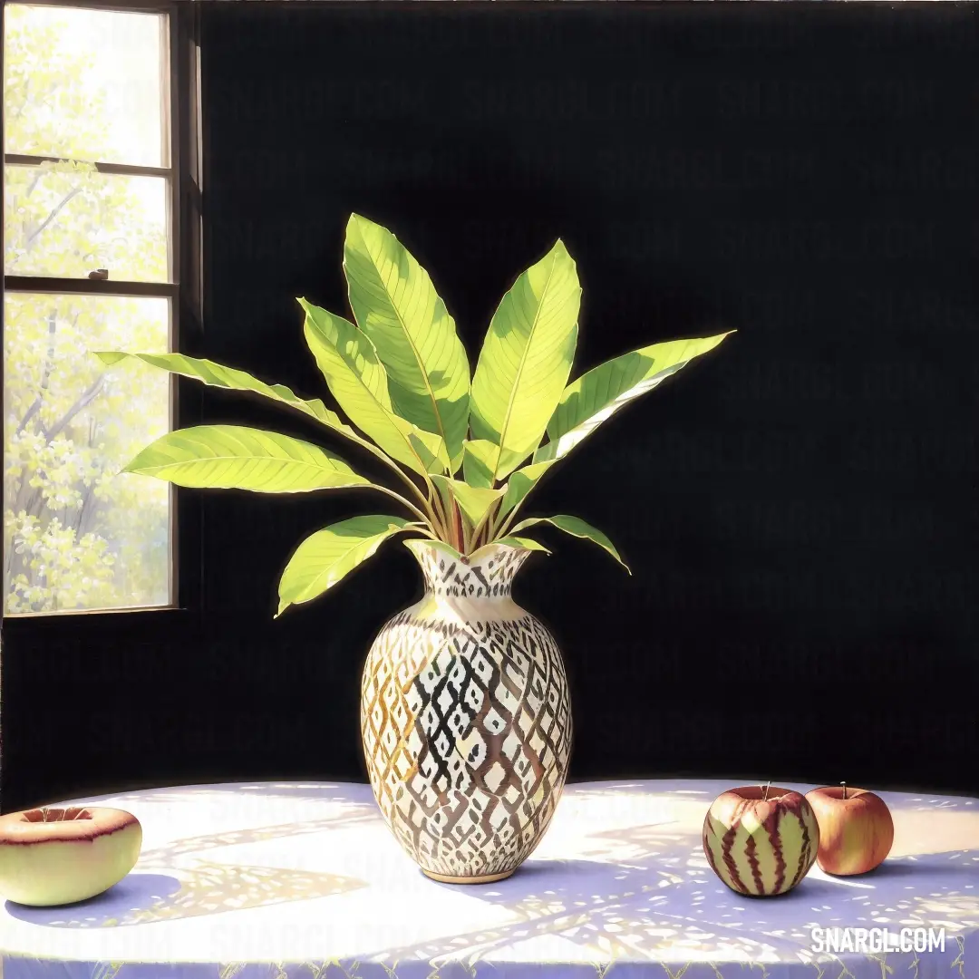 Painting of a vase with a plant in it on a table with apples and a window behind it. Color Medium spring bud.