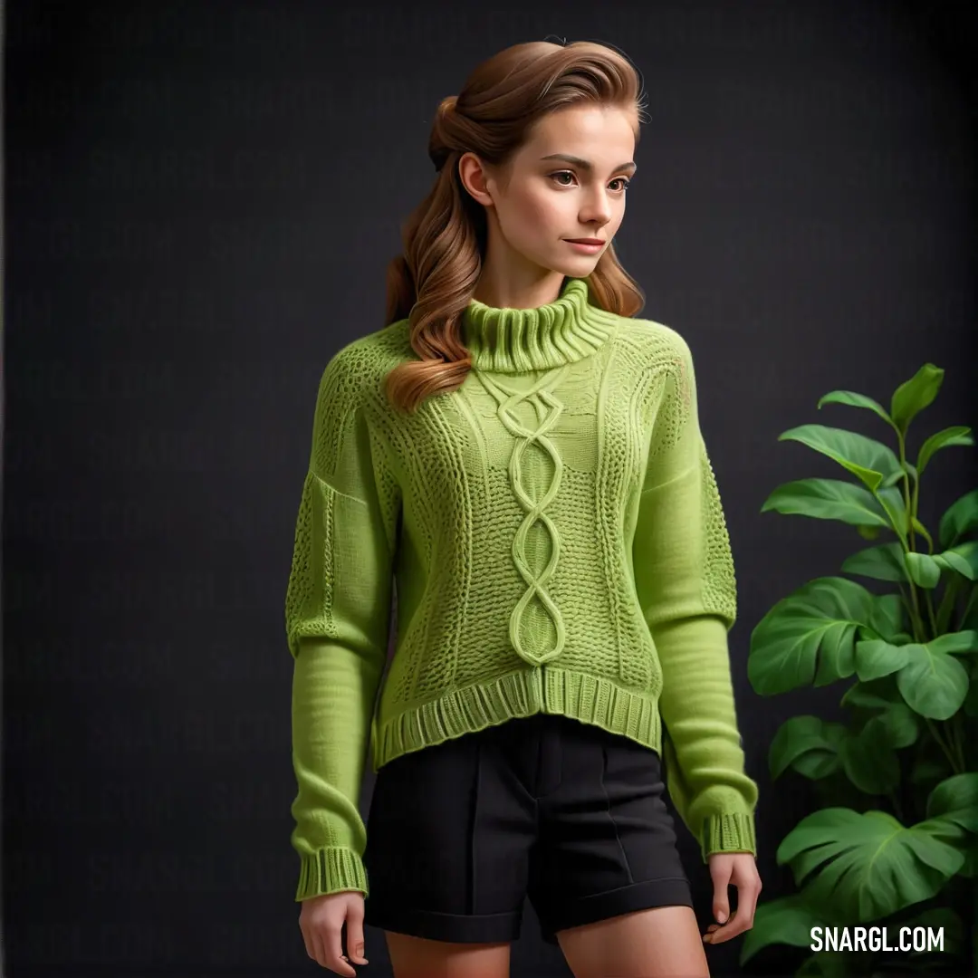 Woman in a green sweater and black shorts standing in front of a plant. Color RGB 201,220,135.