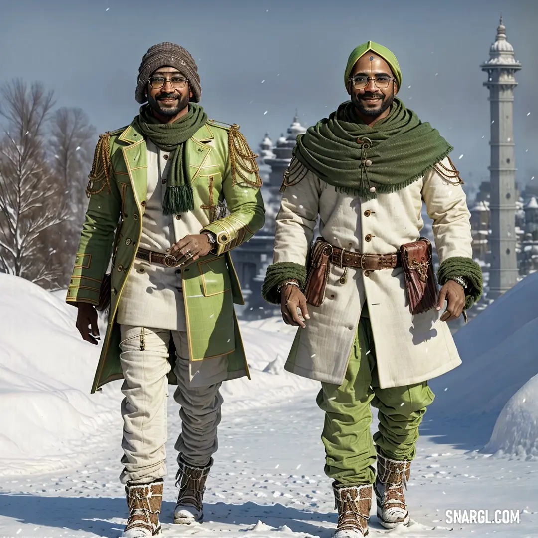 Two men in green and white outfits walking in the snow together