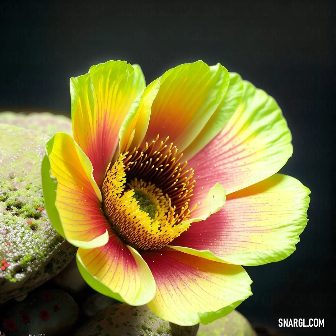 Yellow and red flower on top of a rock formation with other rocks around it and a black background