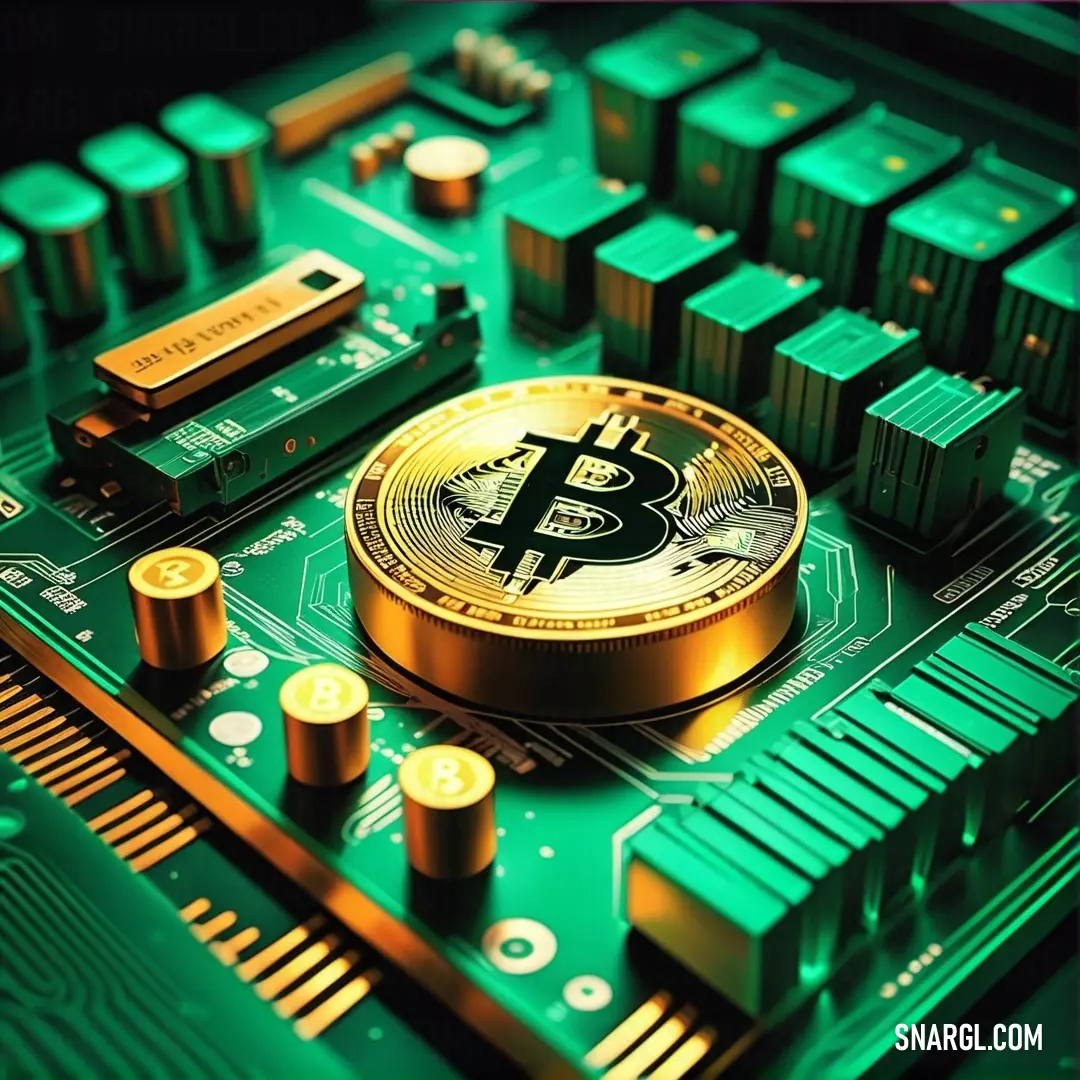 Bitcoin on a computer motherboard with other electronic components around it and a bitcoin on the top. Color CMYK 100,0,38,2.