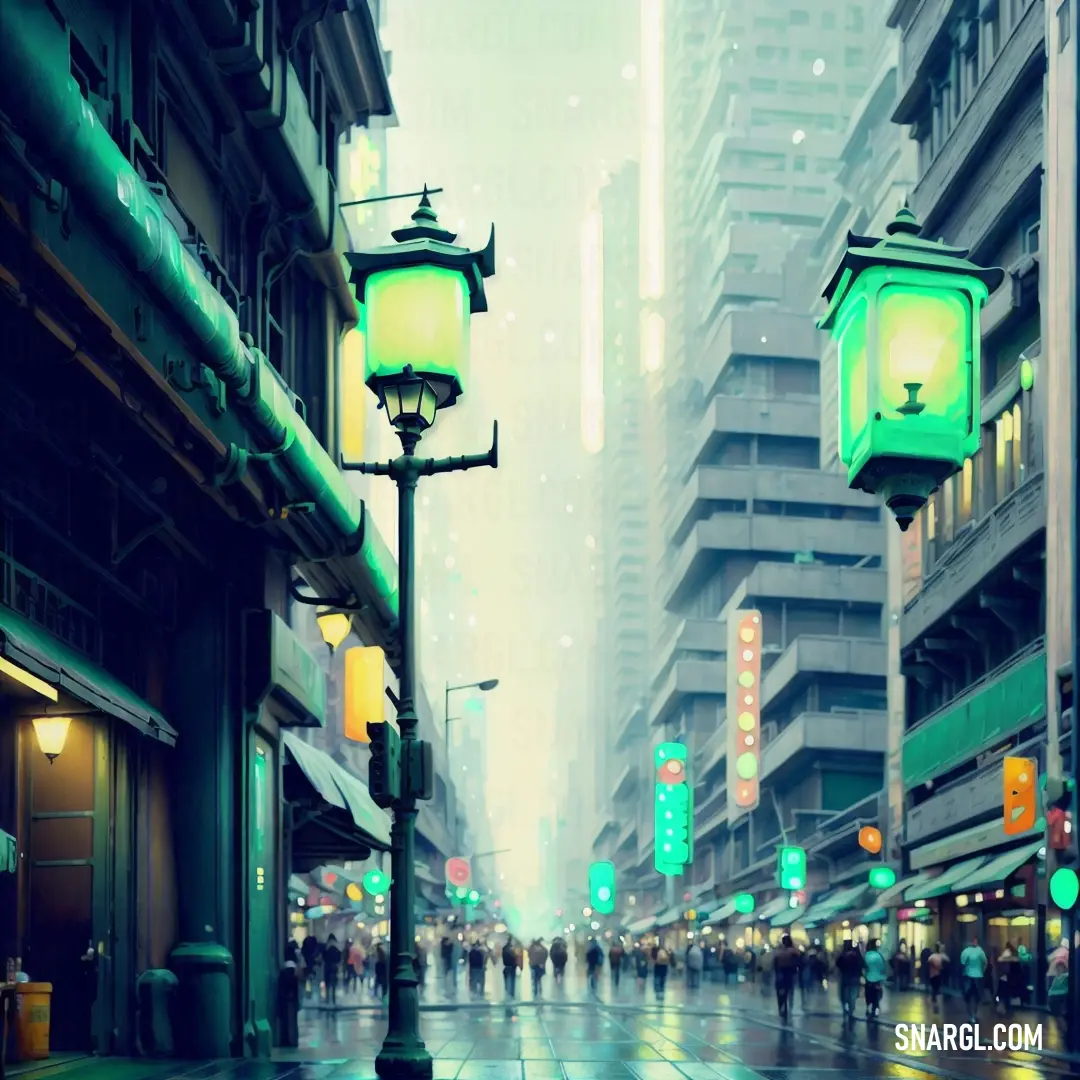 City street with people walking on it and green lights on the street lights in the rain and buildings