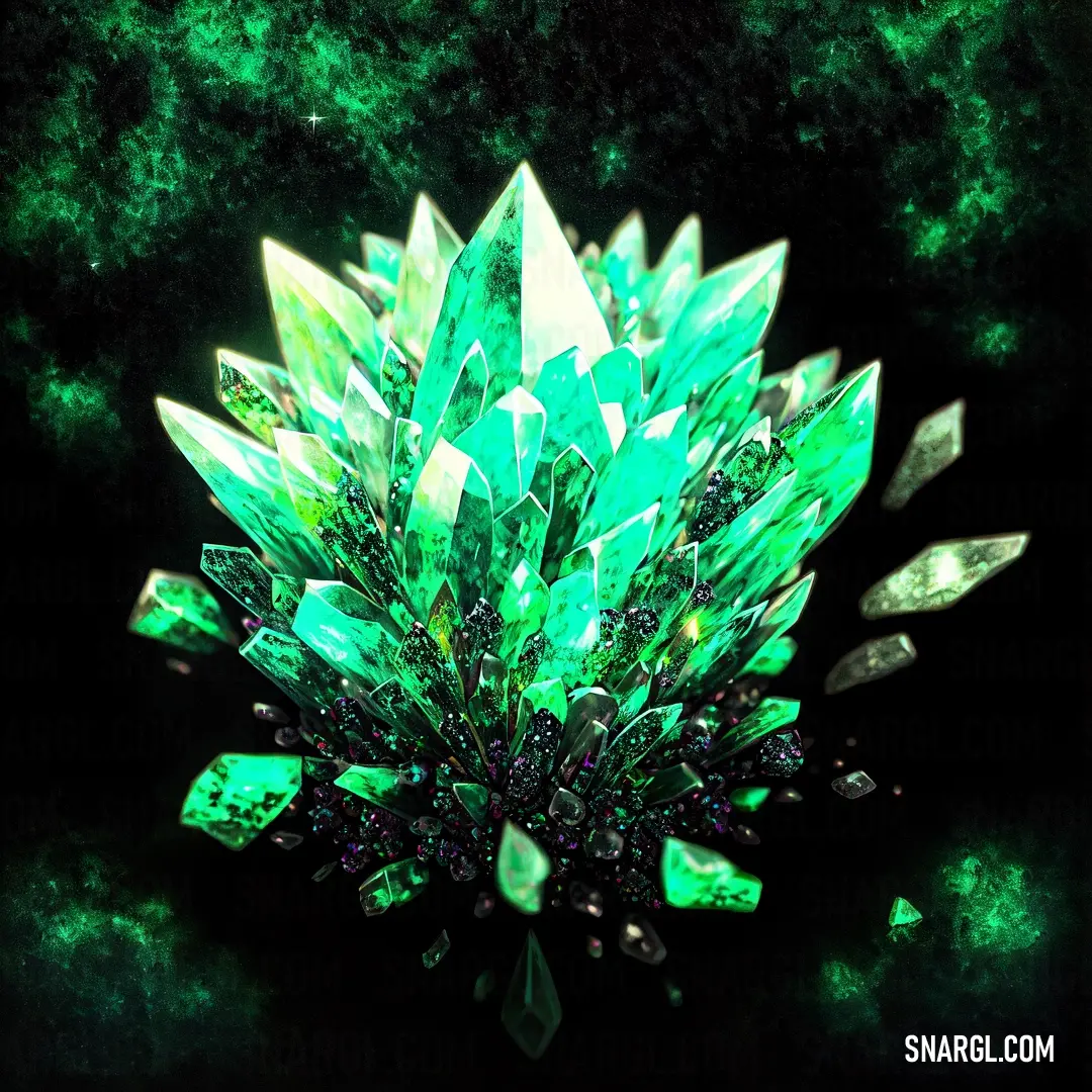 Green crystal cluster with many smaller crystals on it's side and a green background with stars and bubbles