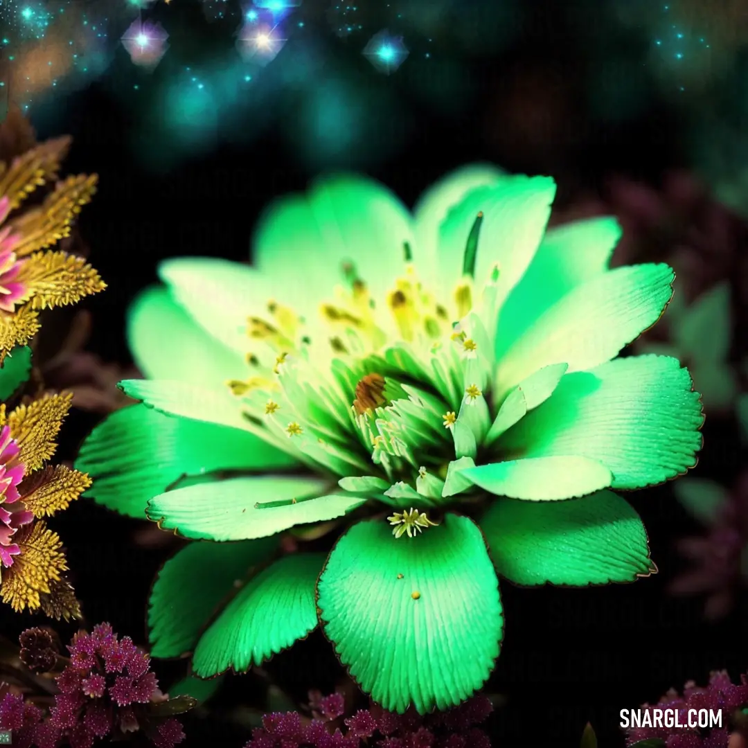 Green flower with yellow stamens and purple flowers in the background with a star filled sky in the background