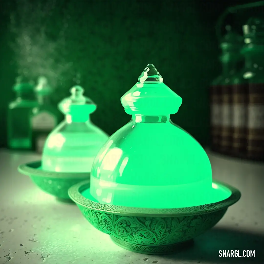 Green glass bottle on top of a counter next to a bowl of liquid on a counter top