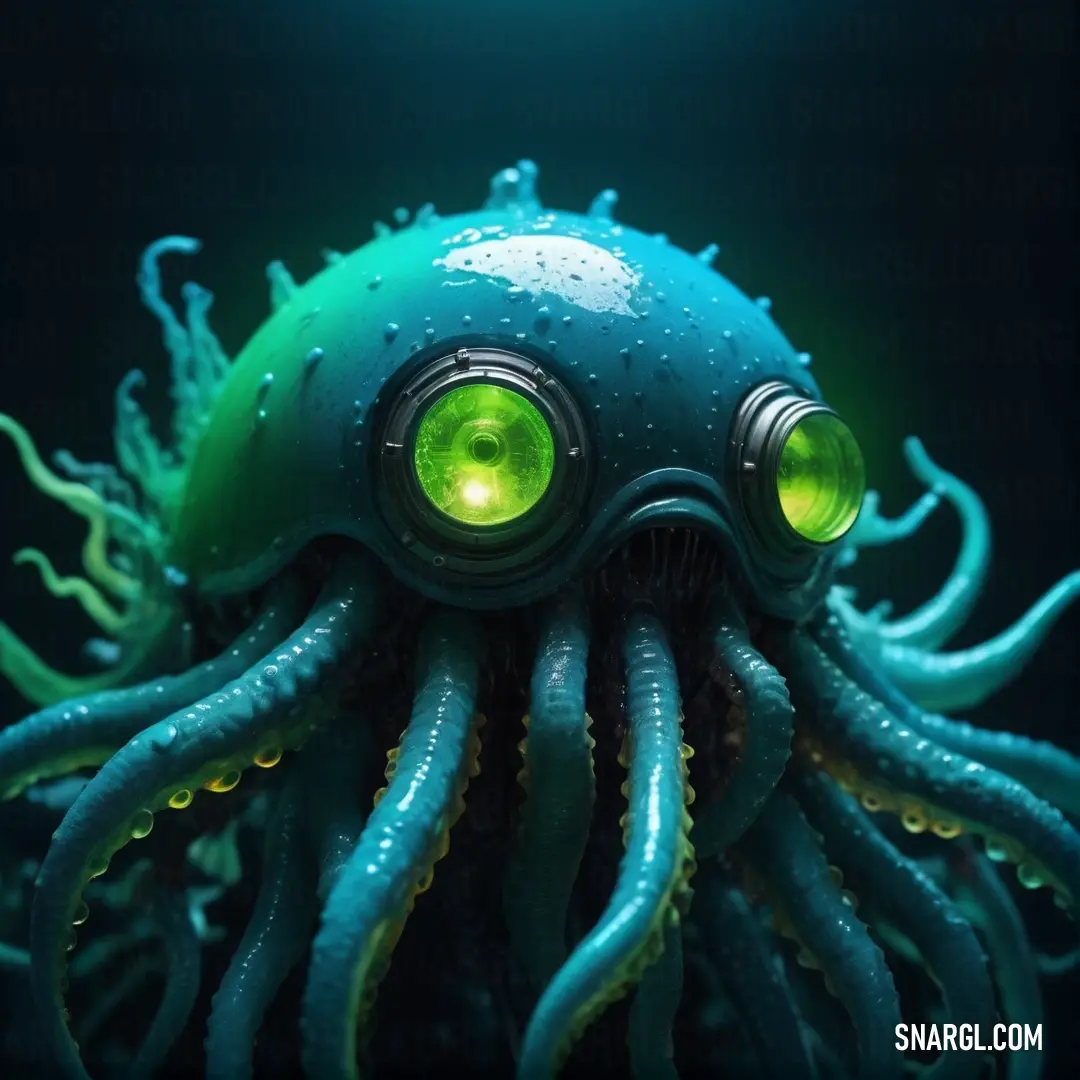 Green and blue octopus with glowing eyes and a green head with a light on it's head. Color Medium spring green.