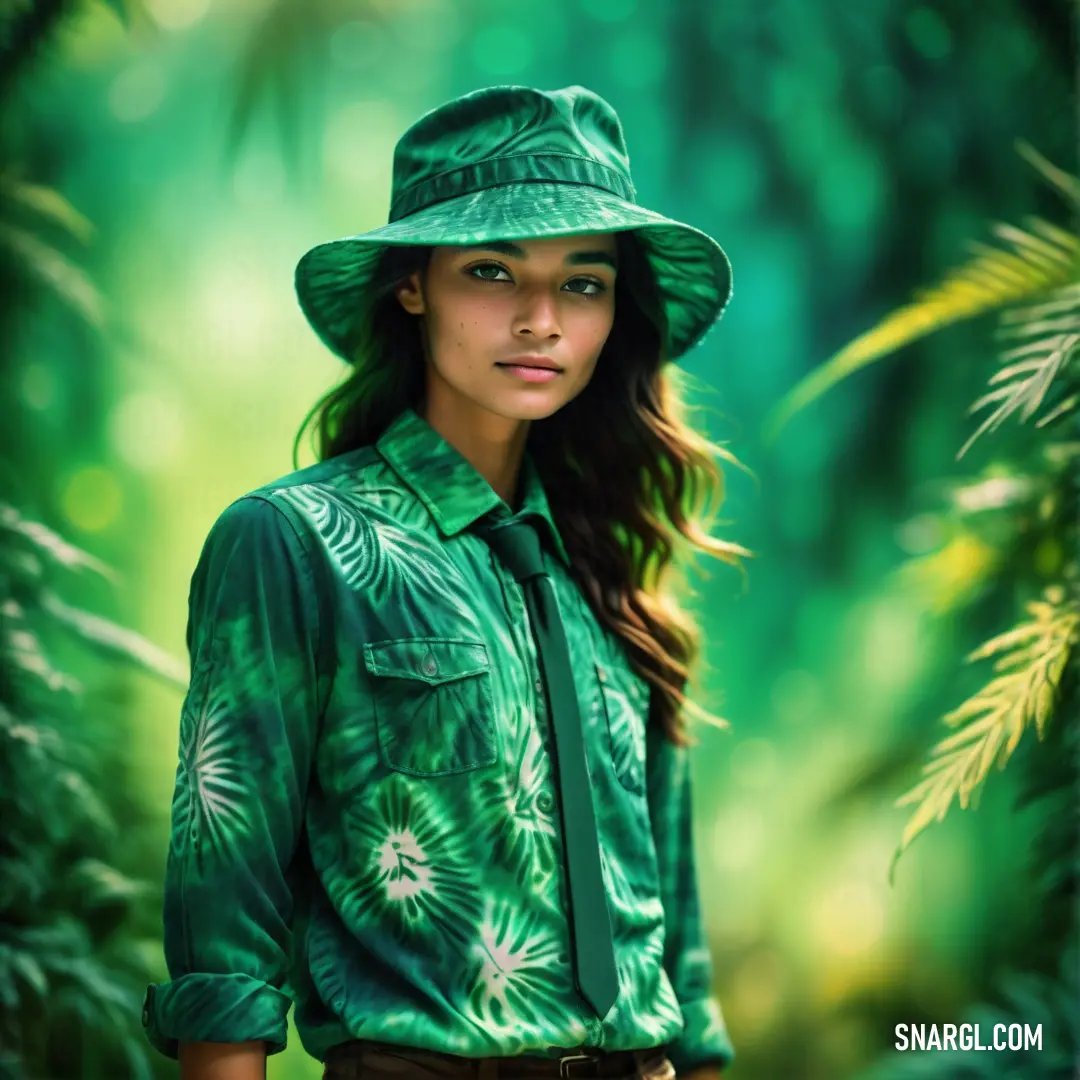 Woman wearing a green hat and green shirt in a forest with palm trees and leaves in the background. Color Medium spring green.