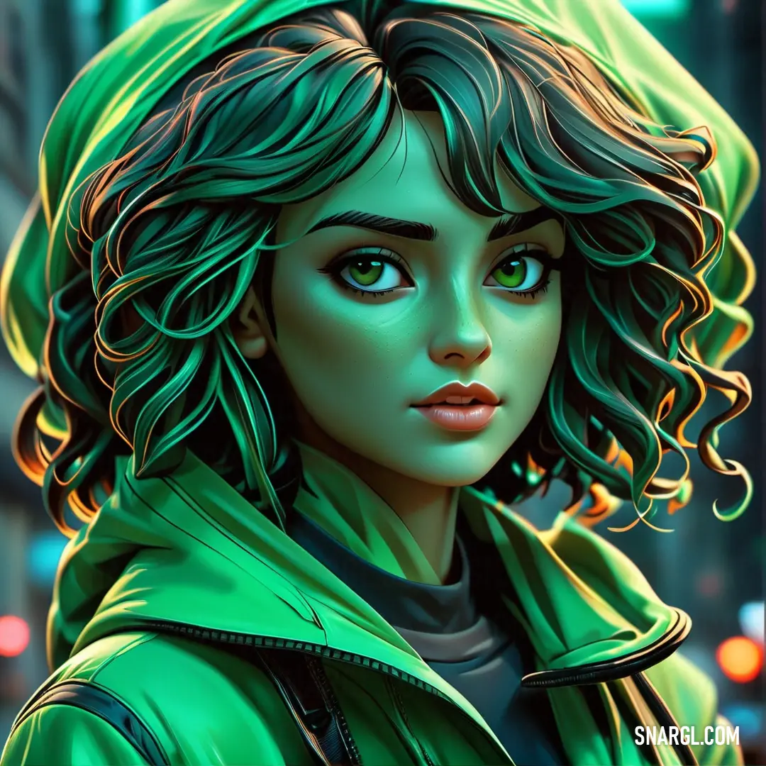 Painting of a woman with green hair and a green hoodie on her head. Color RGB 0,250,154.