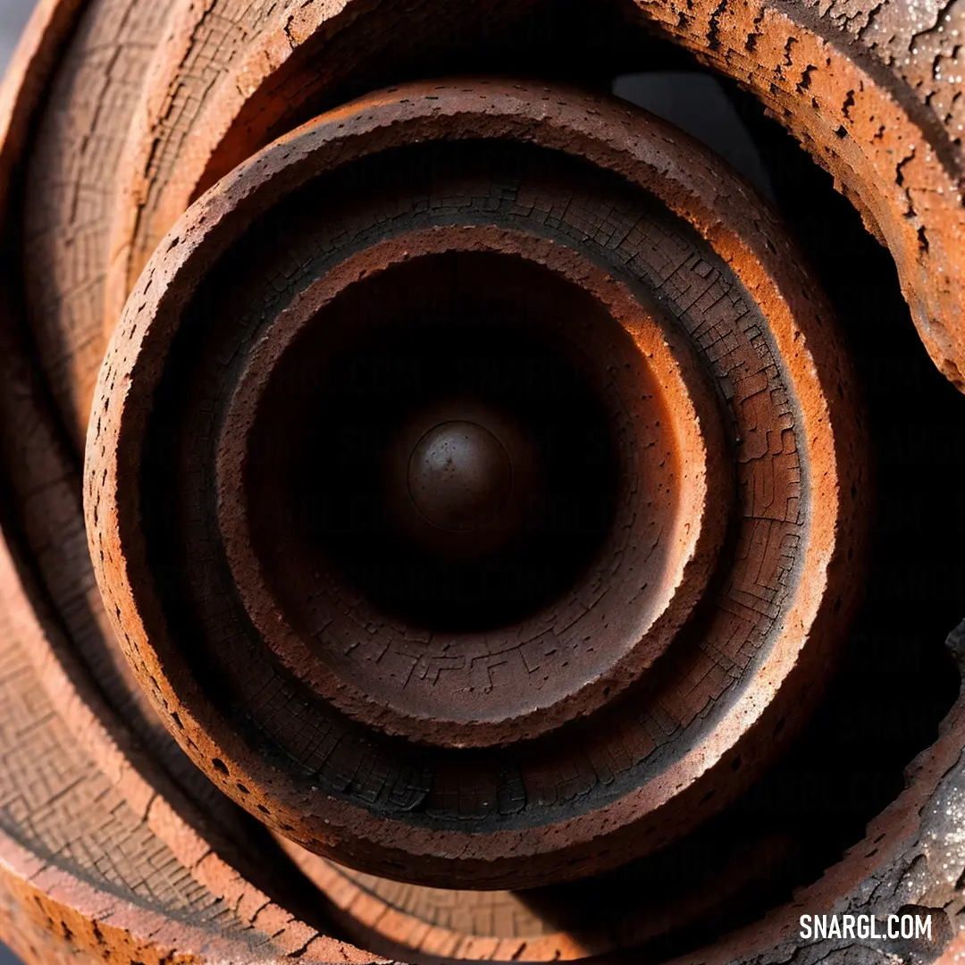 Close up of a rusty pipe with a circular hole in the center of it's pipe cover