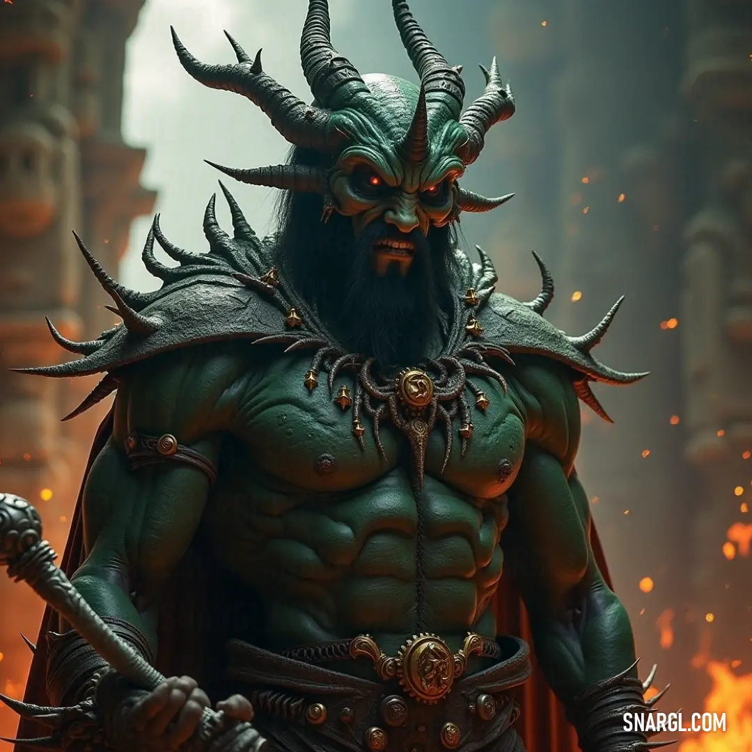 A daunting demon, complete with prominent horns and a fierce beard, grips a sword in front of an intense cityscape ablaze with fire. The vivid colors and dramatic backdrop highlight the character's strength and formidable presence amidst chaos.