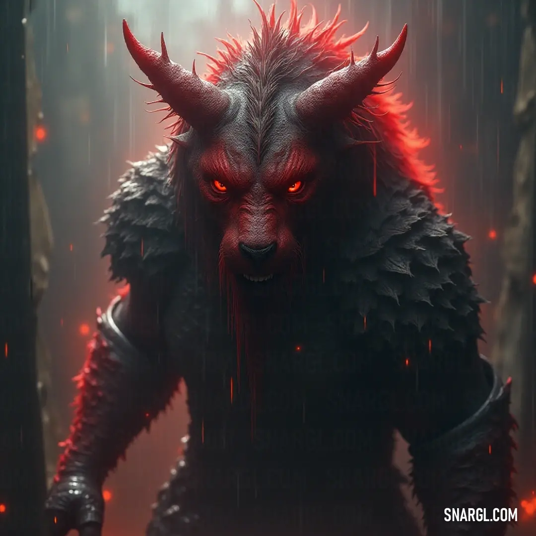 A haunting yet mesmerizing demonic entity, showcasing ominous red eyes and horns, walks through an enchanted forest illuminated by ethereal red lights, enveloped in a soft curtain of rain, enhancing its supernatural allure.