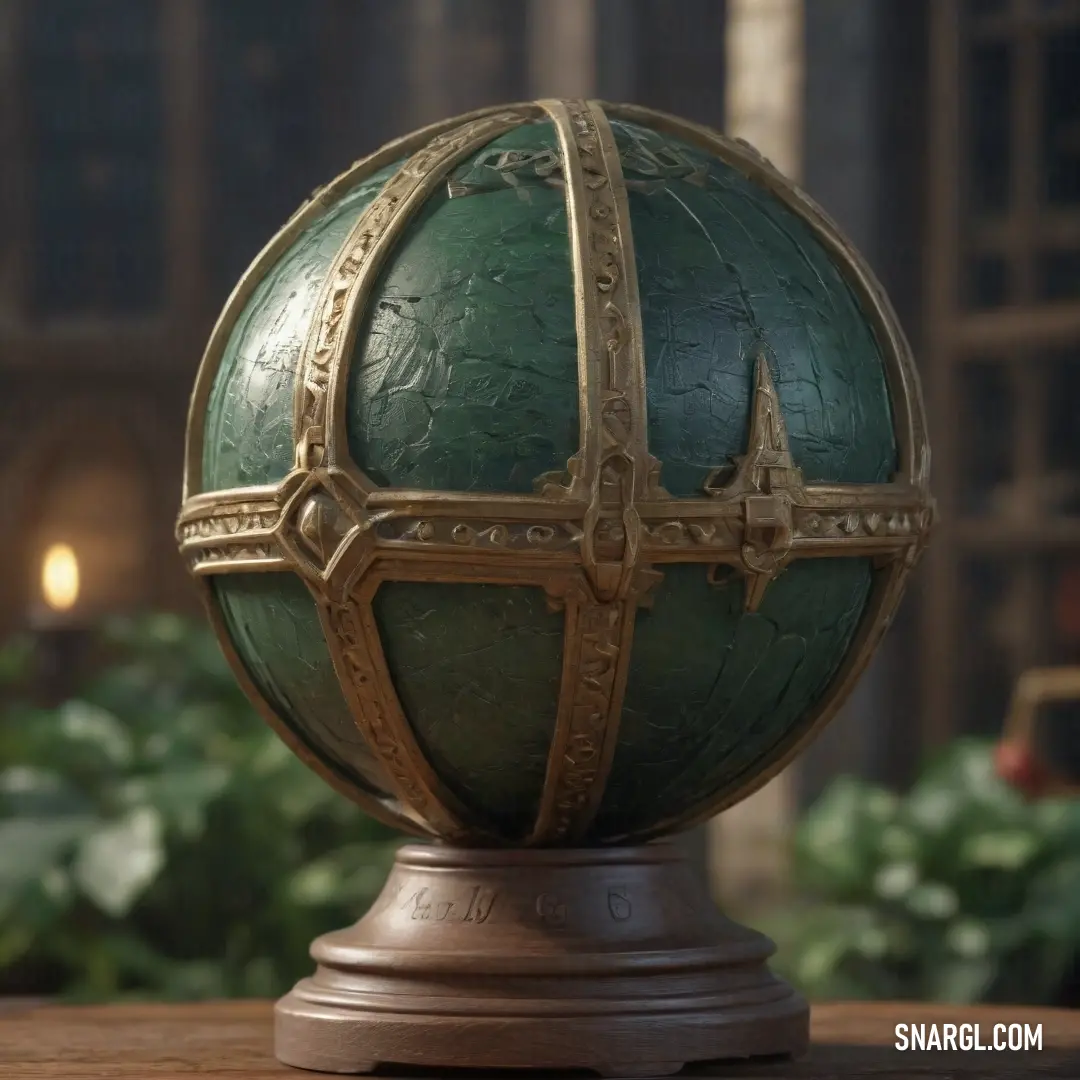 A green and gold globe sits gracefully on a wooden table, surrounded by lush plants and bathed in natural light streaming through a nearby window. The rich colors of the globe complement the warm tones of the room’s decor.