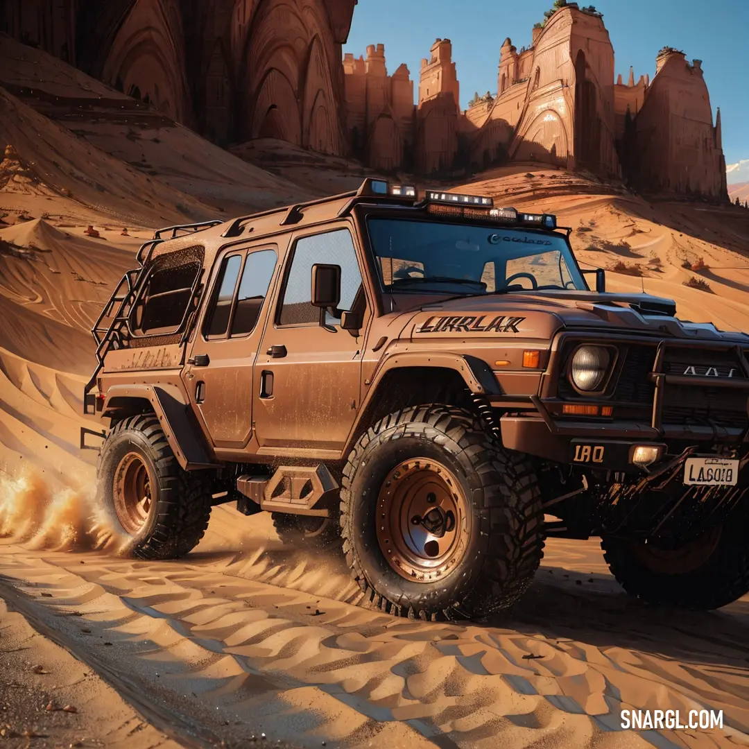 A rugged jeep speeds through a sun-drenched desert, kicking up dust as it navigates the rocky terrain. The color palette blends warm tones, evoking the vastness of the desert landscape.