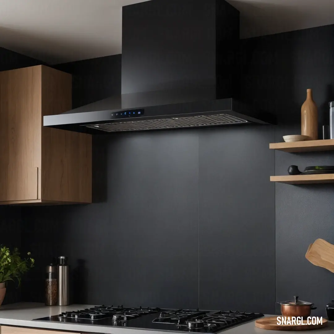 A cozy kitchen setting with a stove adorned with a potted plant on the countertop, complemented by a rustic wooden shelf above, offering an atmosphere of warmth, charm, and culinary inspiration.