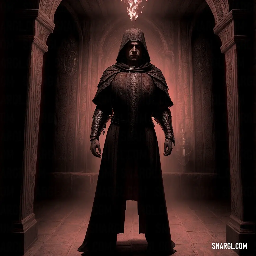 Man in a hooded robe standing in a hallway with a fire coming out of his head and a light coming from his mouth