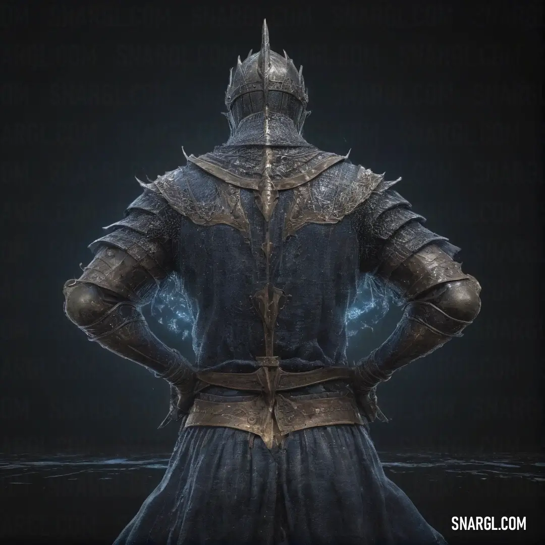 A lone figure in medieval armor stands tall in dark, reflective water, their back to the camera. The mysterious figure is surrounded by a foggy atmosphere, adding an air of ancient strength and solitude to the scene.