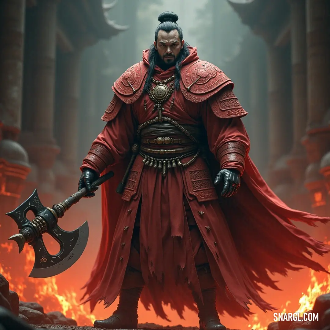 A striking scene featuring a man dressed in a vibrant red outfit, firmly grasping a large axe, standing amidst flickering flames that illuminate the dark room around him, with a regal red robe draped over his shoulders, casting an aura of intensity and po