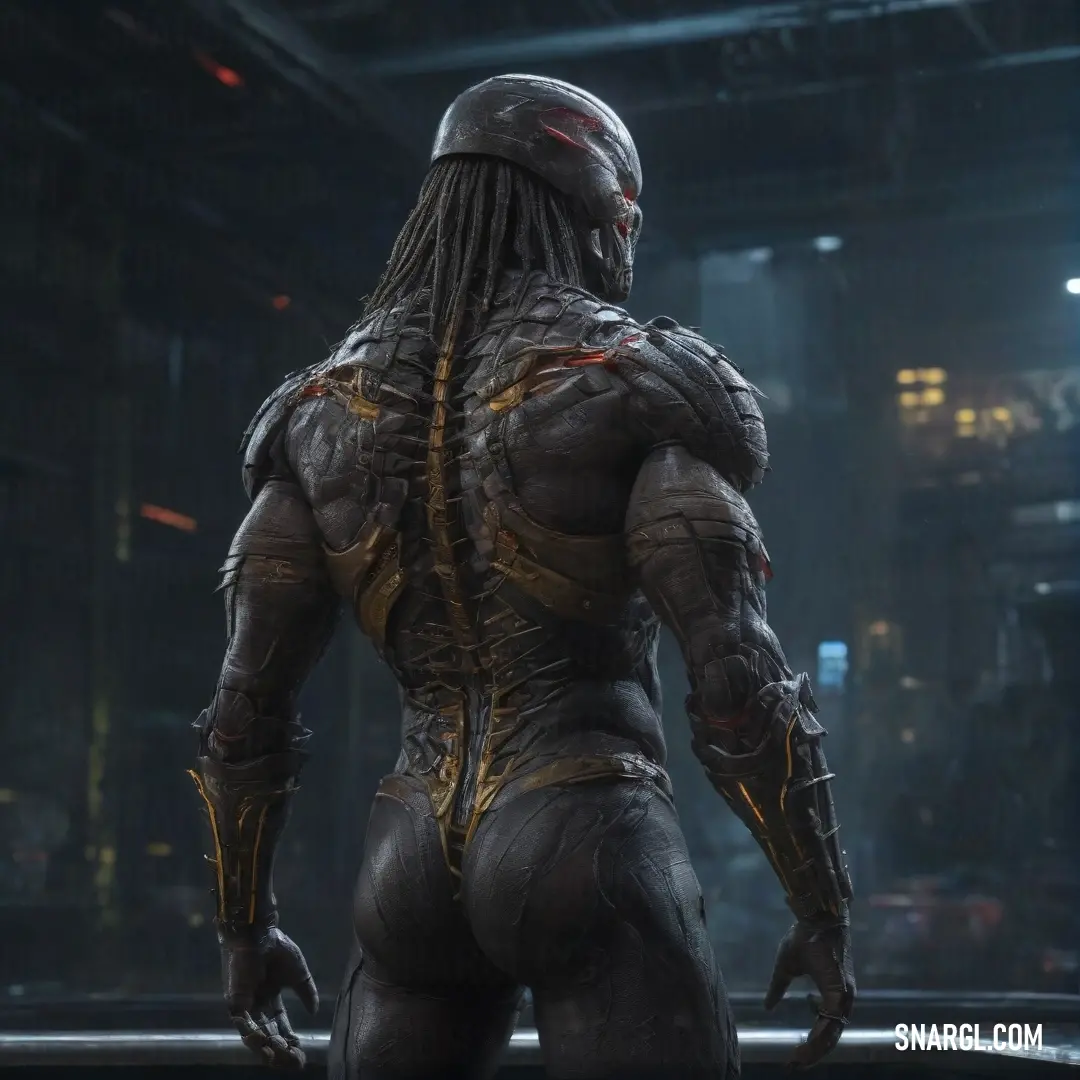 A figure in a sleek sci-fi suit stands in a dark, illuminated room, surrounded by glowing lights. The suit’s design is bold and futuristic, and the contrast between the darkness and the vivid lights creates a captivating atmosphere.