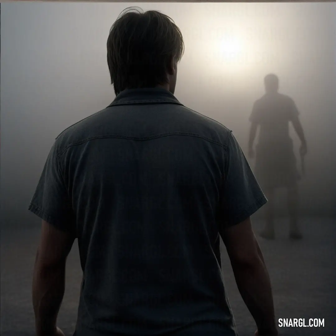 A lone man stands in a foggy landscape, holding a frisbee, as the mist swirls around him. The soft, muted colors of the scene evoke a sense of mystery, with the fog adding a layer of serenity to the moment.